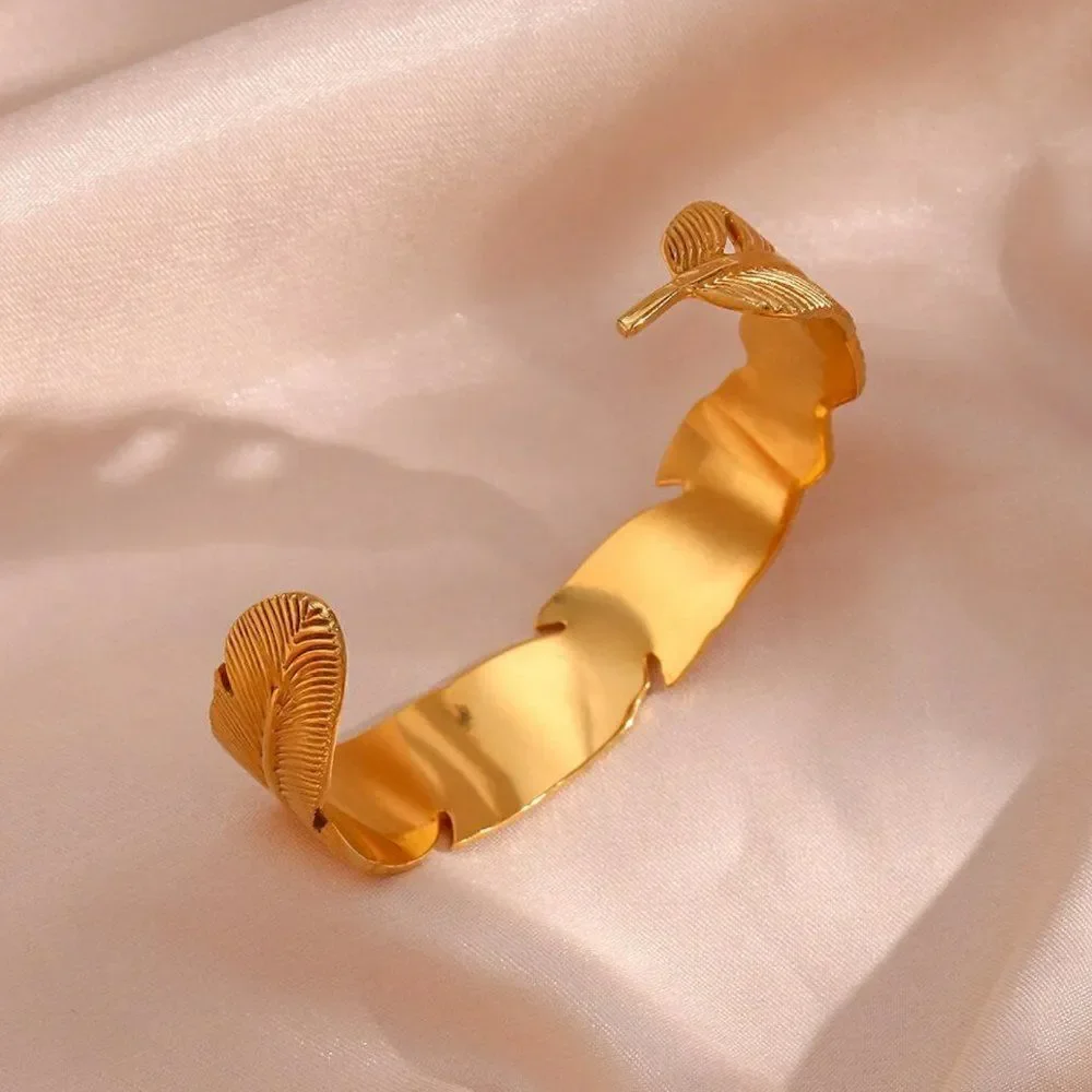 Feather Cuff Bangle Bracelet in Gold